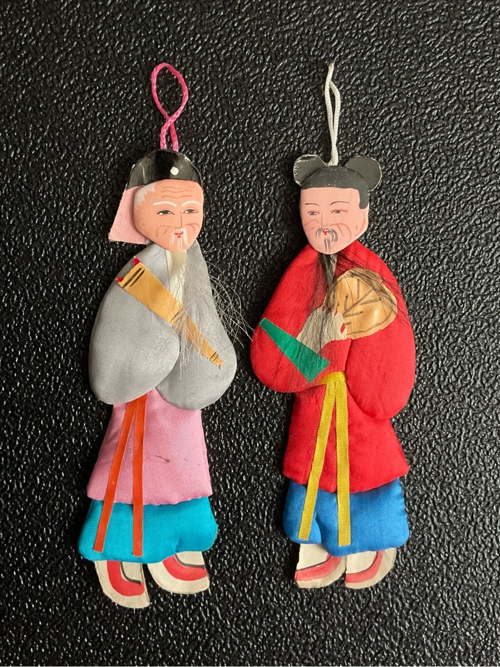 2 Vintage Chinese Folk Art Padded Silk & Cardboard Immortals Ornaments 5”